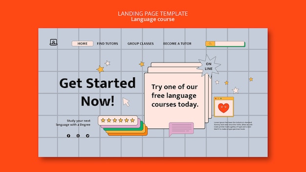 Free PSD foreign language classes landing page template in computer interface style