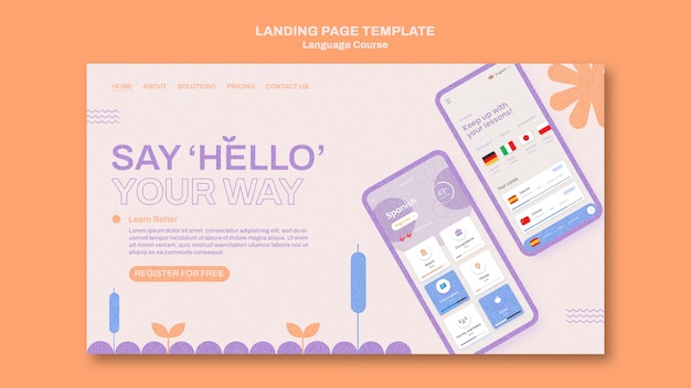 Free PSD foreign language classes landing page template in floral style