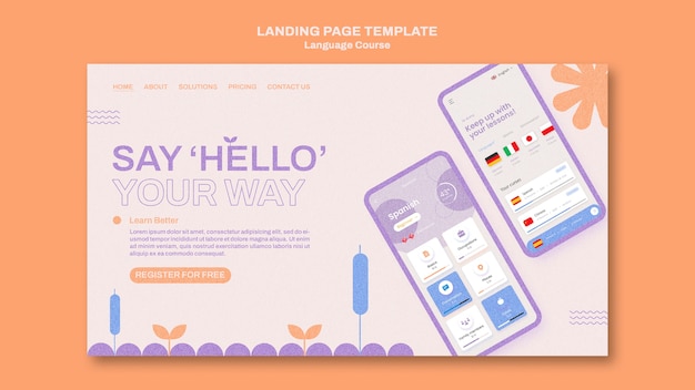 Foreign language classes landing page template in floral style