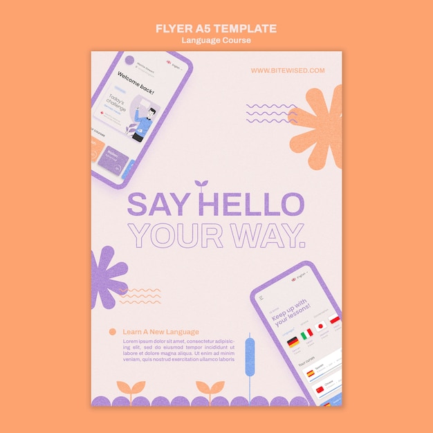 Free PSD foreign language classes vertical flyer template in floral style