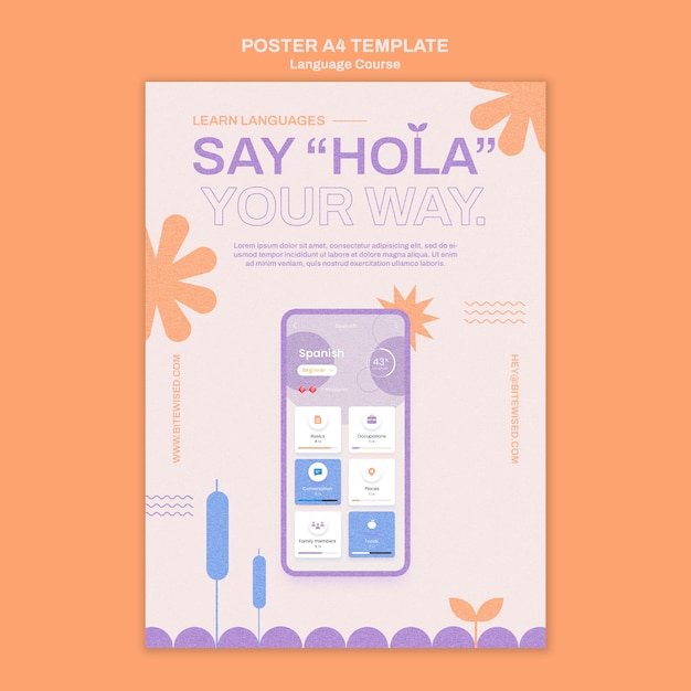 Free PSD foreign language classes vertical poster template in floral style