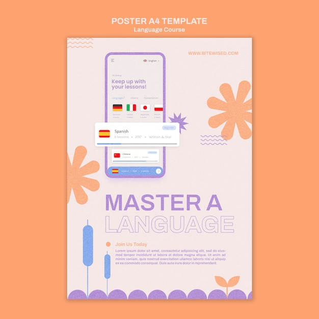 Free PSD foreign language classes vertical poster template in floral style