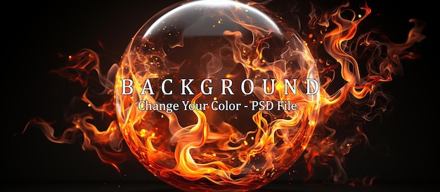 Free PSD glowing crystal ball with fire flames on black background