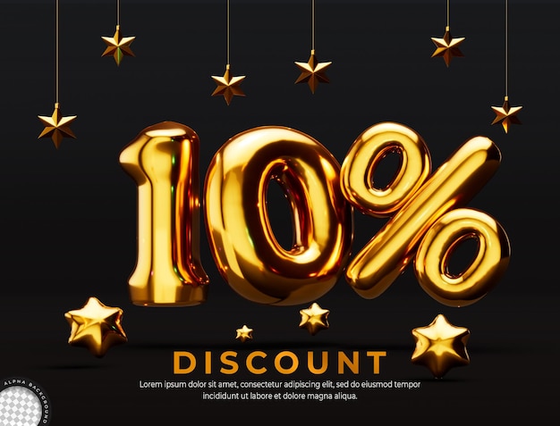 Free PSD golden 10 percent discount 3d rendering design template