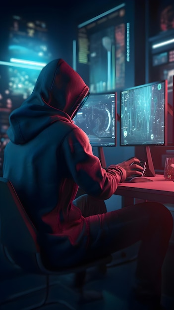 Free PSD hacker using computer in dark room cybercrime concept 3d rendering