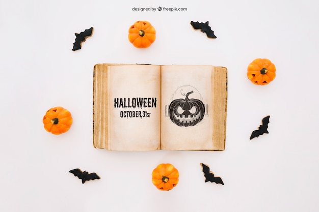 Free PSD halloween mockup with book decoration