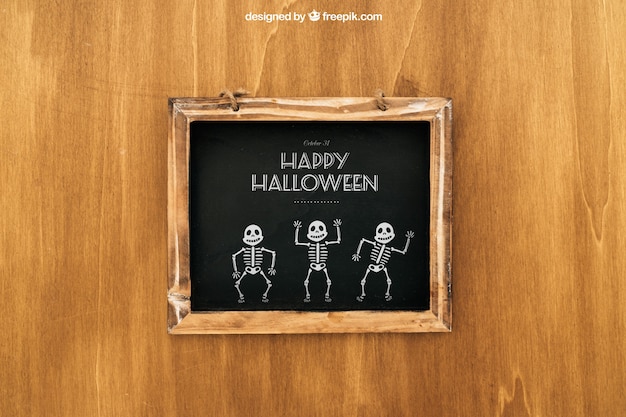 Free PSD halloween mockup with wooden slate