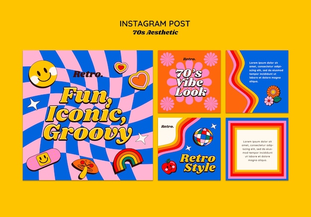 Free PSD hand drawn 70s aesthetic instagram posts