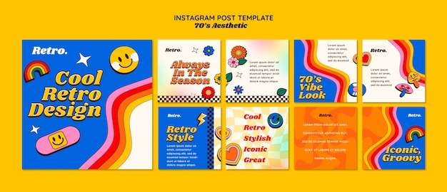 Free PSD hand drawn 70s aesthetic instagram posts