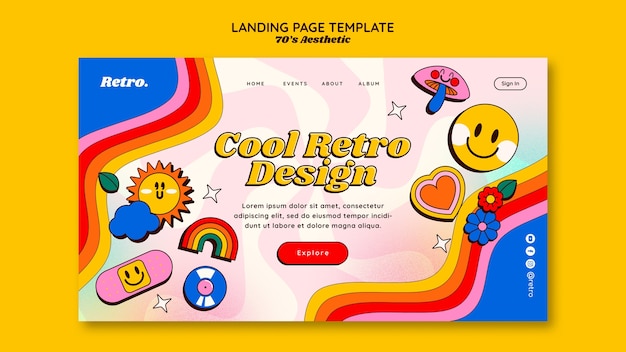 無料PSD 手描きの 70 年代の美的なランディング ページ テンプレート