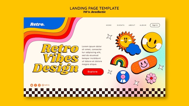 Free PSD hand drawn 70s aesthetic landing page template