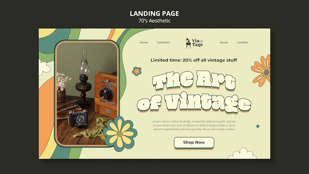 Free PSD hand drawn 70s aesthetic landing page template