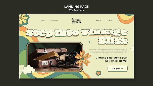 Free PSD hand drawn 70s aesthetic landing page template