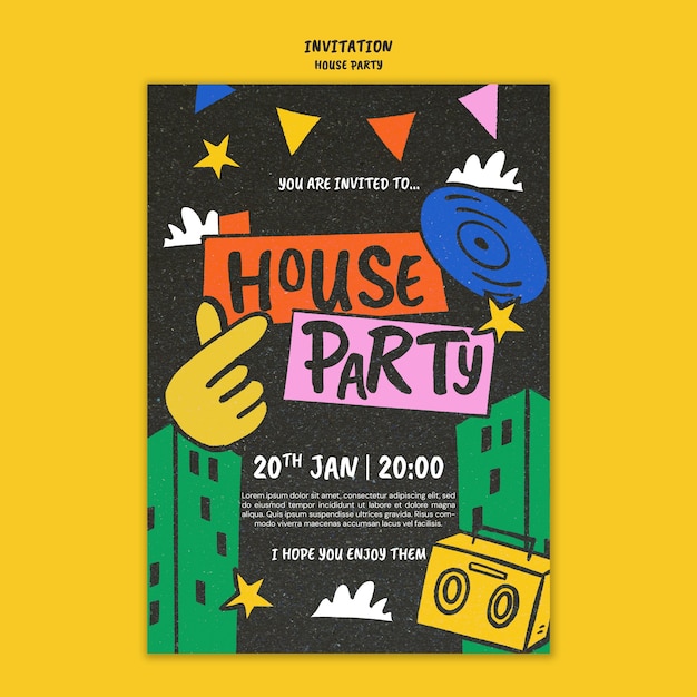 Free PSD hand drawn house party  invitation template