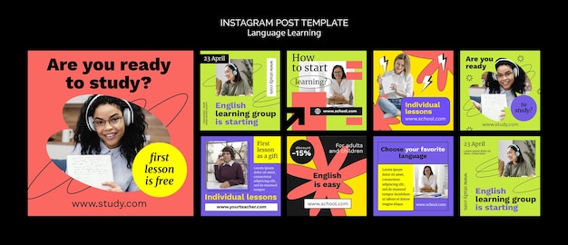 Free PSD hand drawn language learning instagram posts template