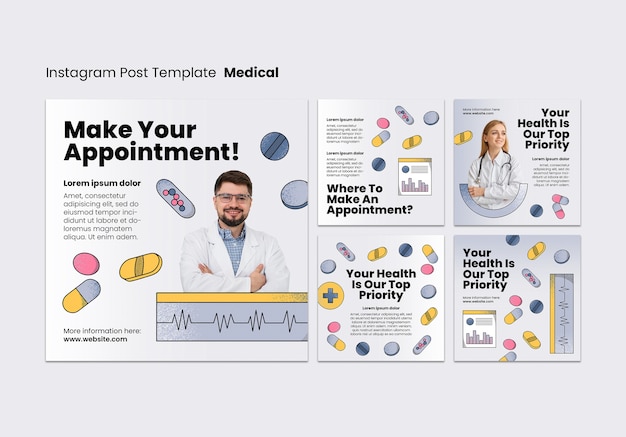 Free PSD hand drawn medical health  instagram posts