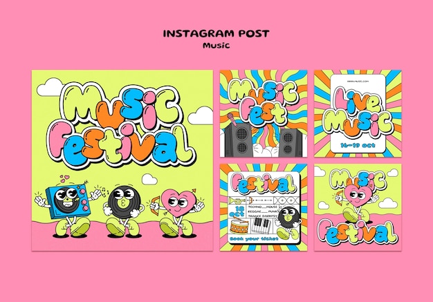 Free PSD hand drawn music fest instagram posts