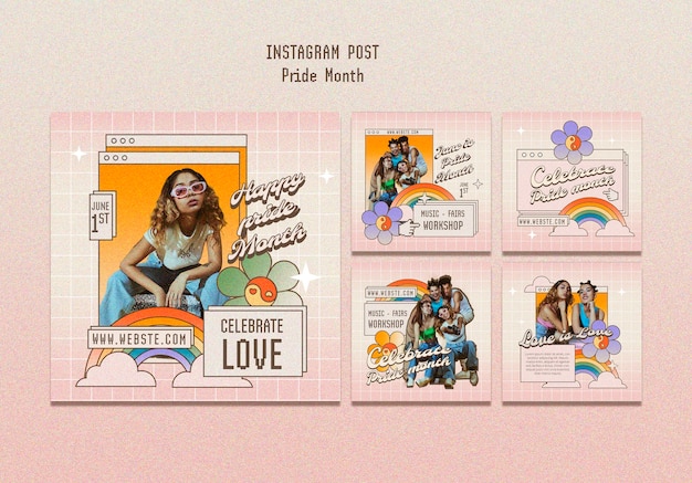 Free PSD hand drawn pride month instagram posts