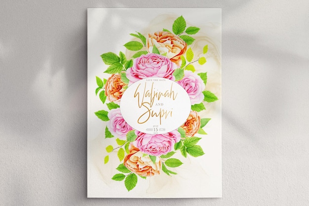 Free PSD hand drawn rose floral and leaves card design