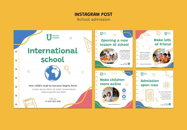 Free PSD hand drawn school admission instagram posts