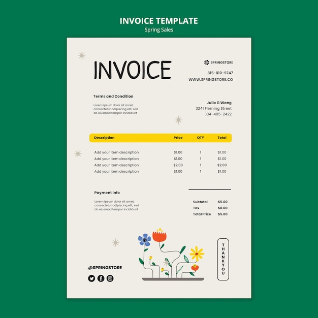 Free PSD hand drawn spring sale invoice template