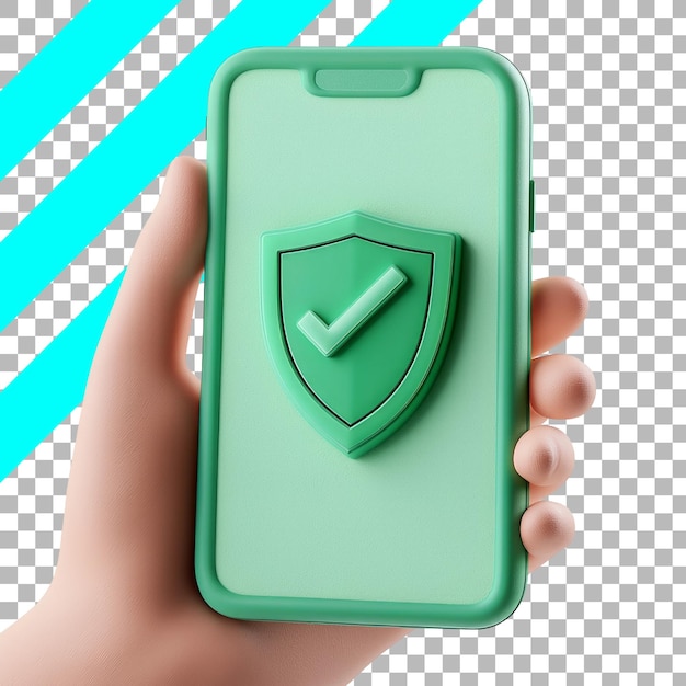 Free PSD hand holding green phone with shield icon on transparent background