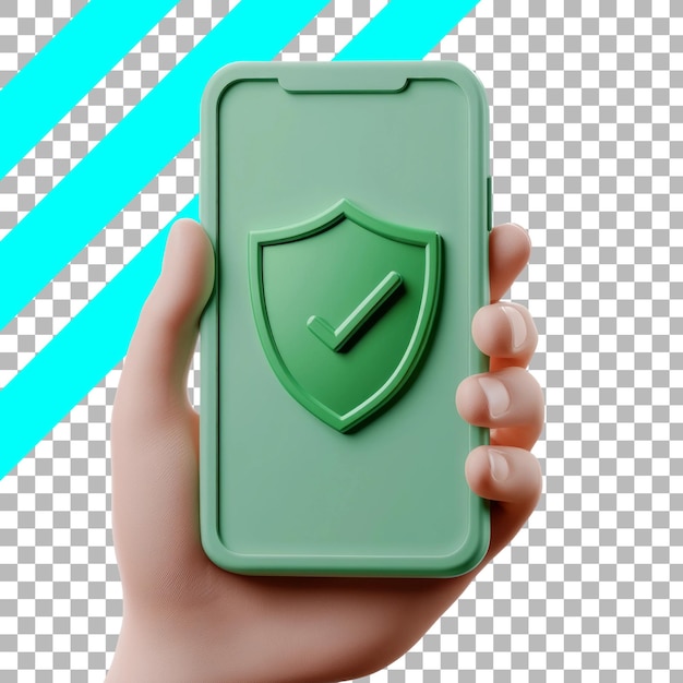 Free PSD hand holding secure smartphone with green shield icon on transparent background