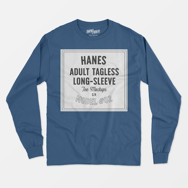 Free PSD hanes adult tagless longsleeve tee mockup