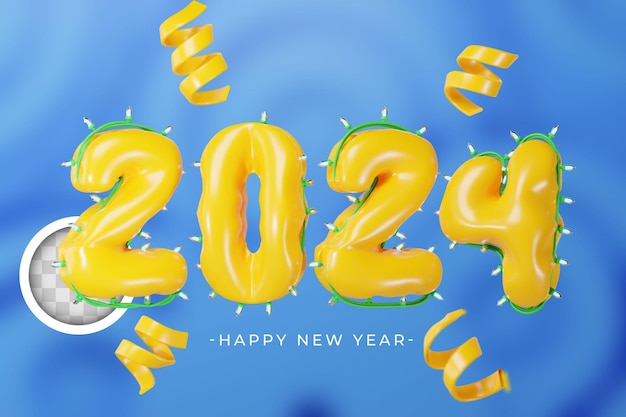 Free PSD happy new year 2024 3d illustration of yellow foil balloon numeral on blue background