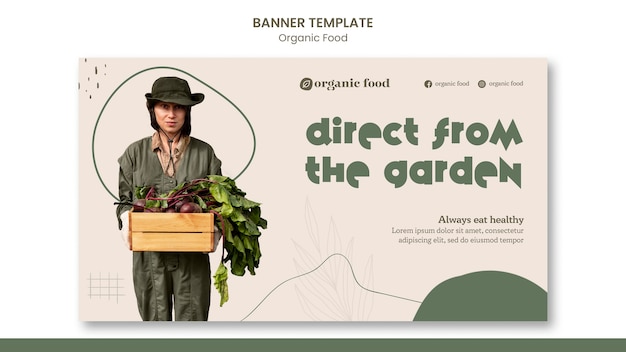 Free PSD healthy home grown food horizontal banner template with organic shapes