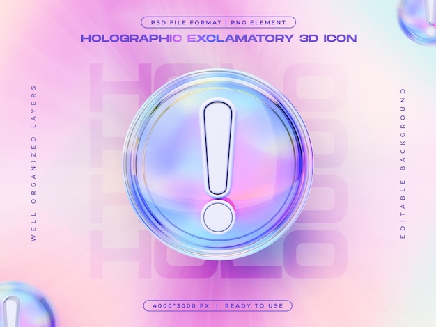 Free PSD holographic exclamation mark icon isolated 3d render illustration