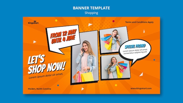 Free PSD horizontal banner for shopping with woman holding shopping bags