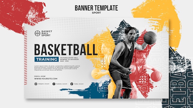 Free PSD horizontal banner template for basketball with male player