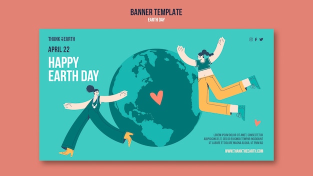 Free PSD horizontal banner template for earth day with people and planet