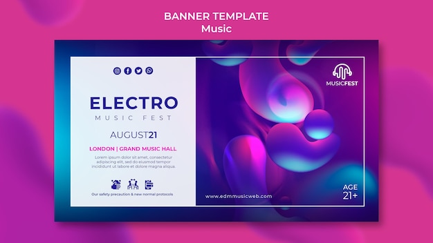 Free PSD horizontal banner template for electro music festival with neon liquid effect shapes