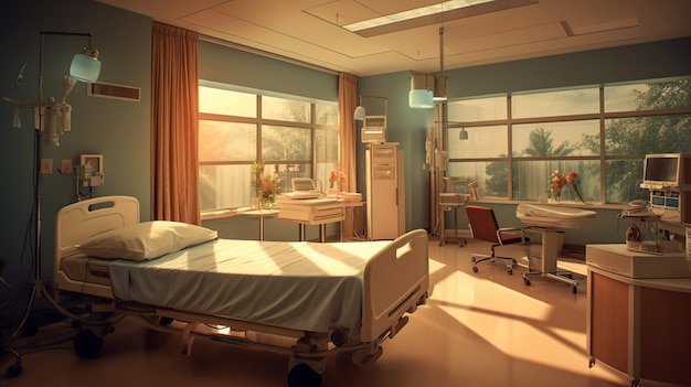 Free PSD hospital recovery room with beds and chairs generative ai