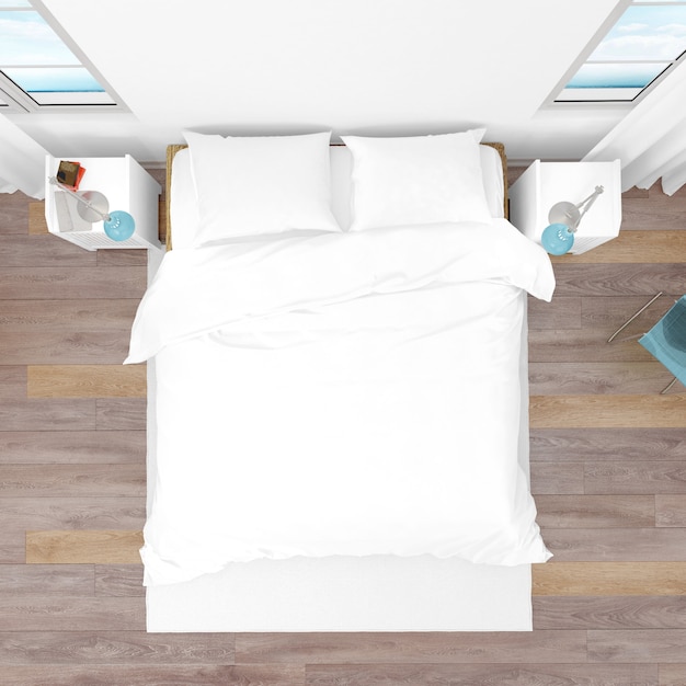 Free PSD hotel room or bedroom with double bed, top view