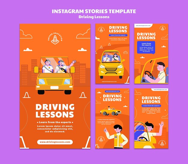 Illustrated driving school social media stories