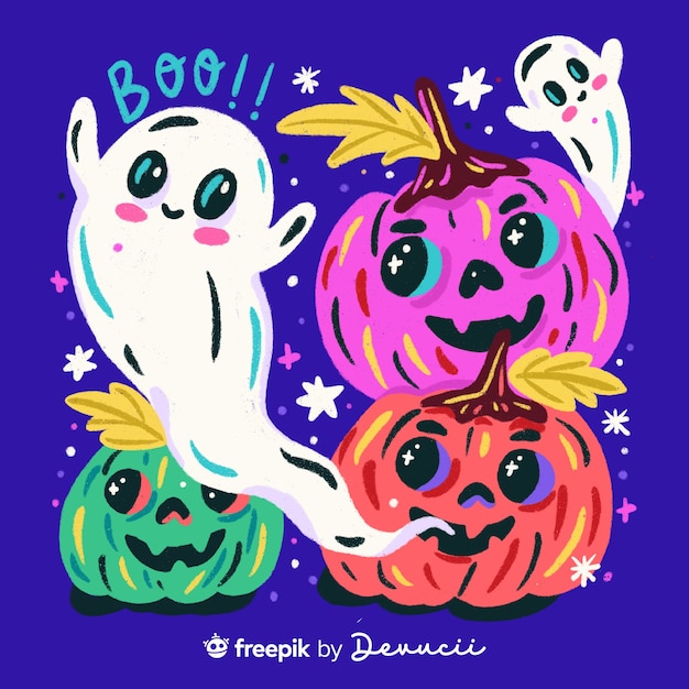 Free PSD illustration of pumpkins and ghosts