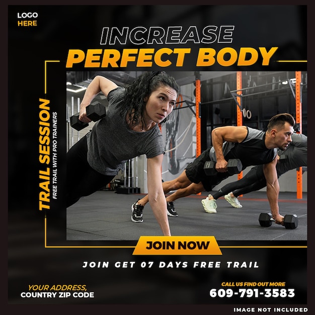 Free PSD incrase perfect body gym social media post design