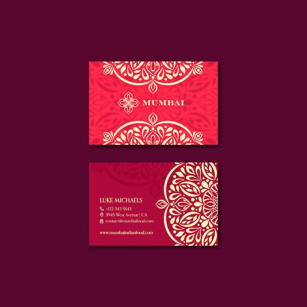 Free PSD indian food restaurant horizontal business card template with mandala design