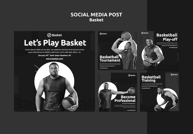 Free PSD instagram posts collection in black and white with male basketball athlete