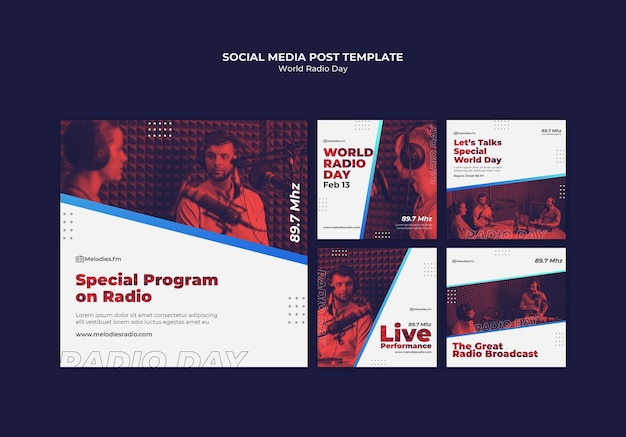 Free PSD instagram posts collection for world radio day with male broadcaster