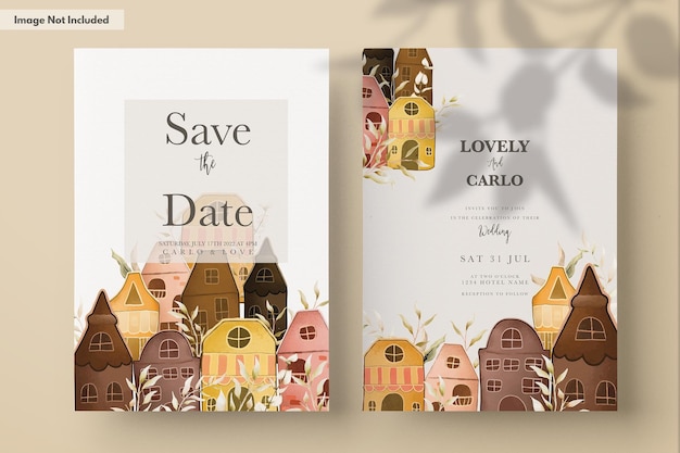 Free PSD invitation card template with hand drawn vintage house and leaves