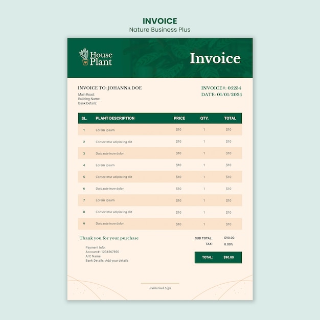 Free PSD invoice template for indoor potted plants