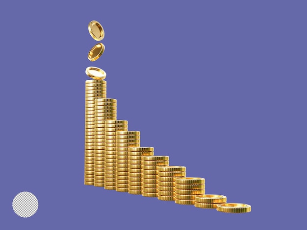 Free PSD isolation of increasing golden coin stacking and dropping for growth saving and business investment concept by 3d render illustration