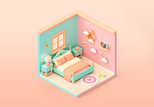 Free PSD isometric bedroom illustration