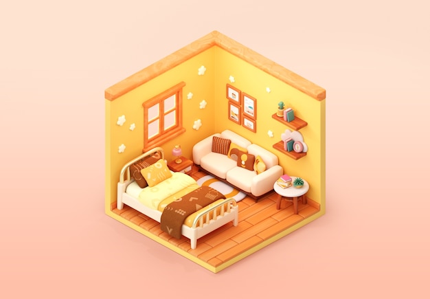 Free PSD isometric bedroom illustration