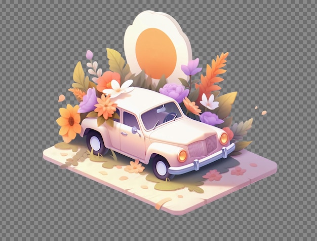 Free PSD isometric flowers and a car in the frame