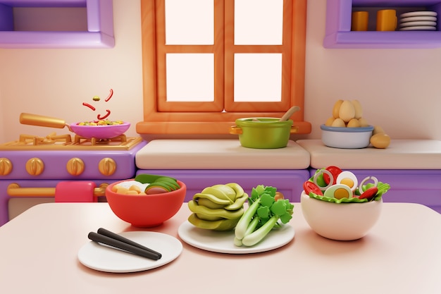 Free PSD kitchen and food 3d illustration